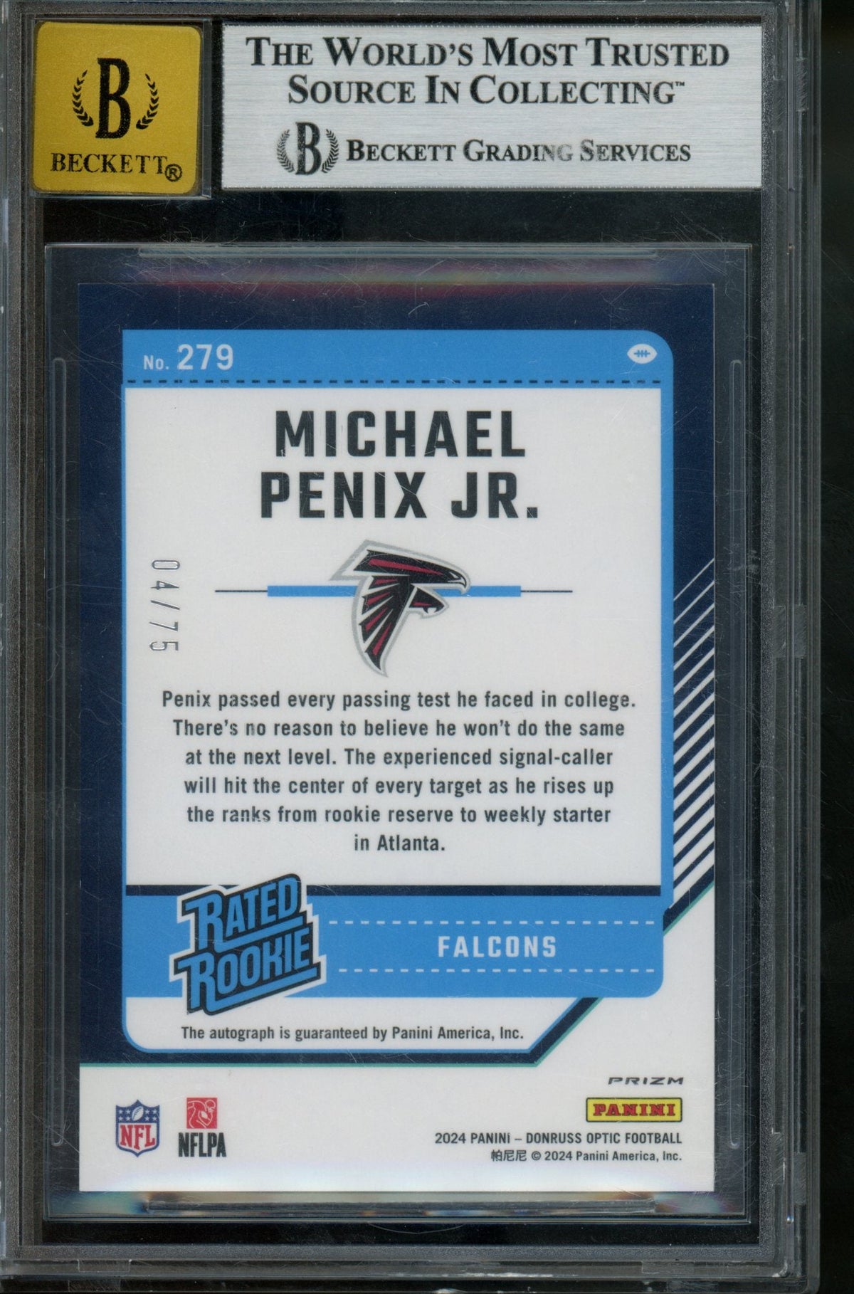2024 Panini Optic Michael Penix Jr. Rated Rookie Autograph Red /75 BGS 9 Falcons
