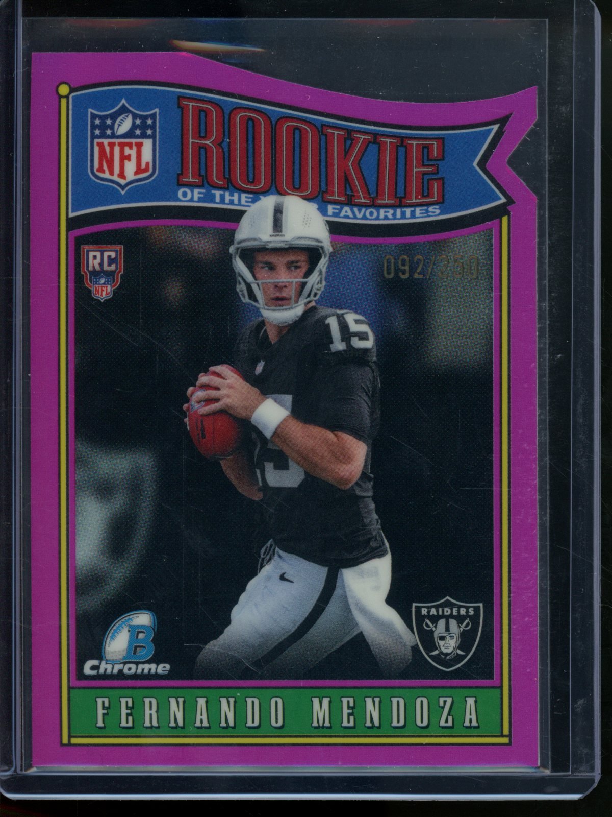2026 Bowman Chrome Fernando Mendoza Rookie of the Year Favorites Pink Refractor /250 Raiders - Trading Card Market