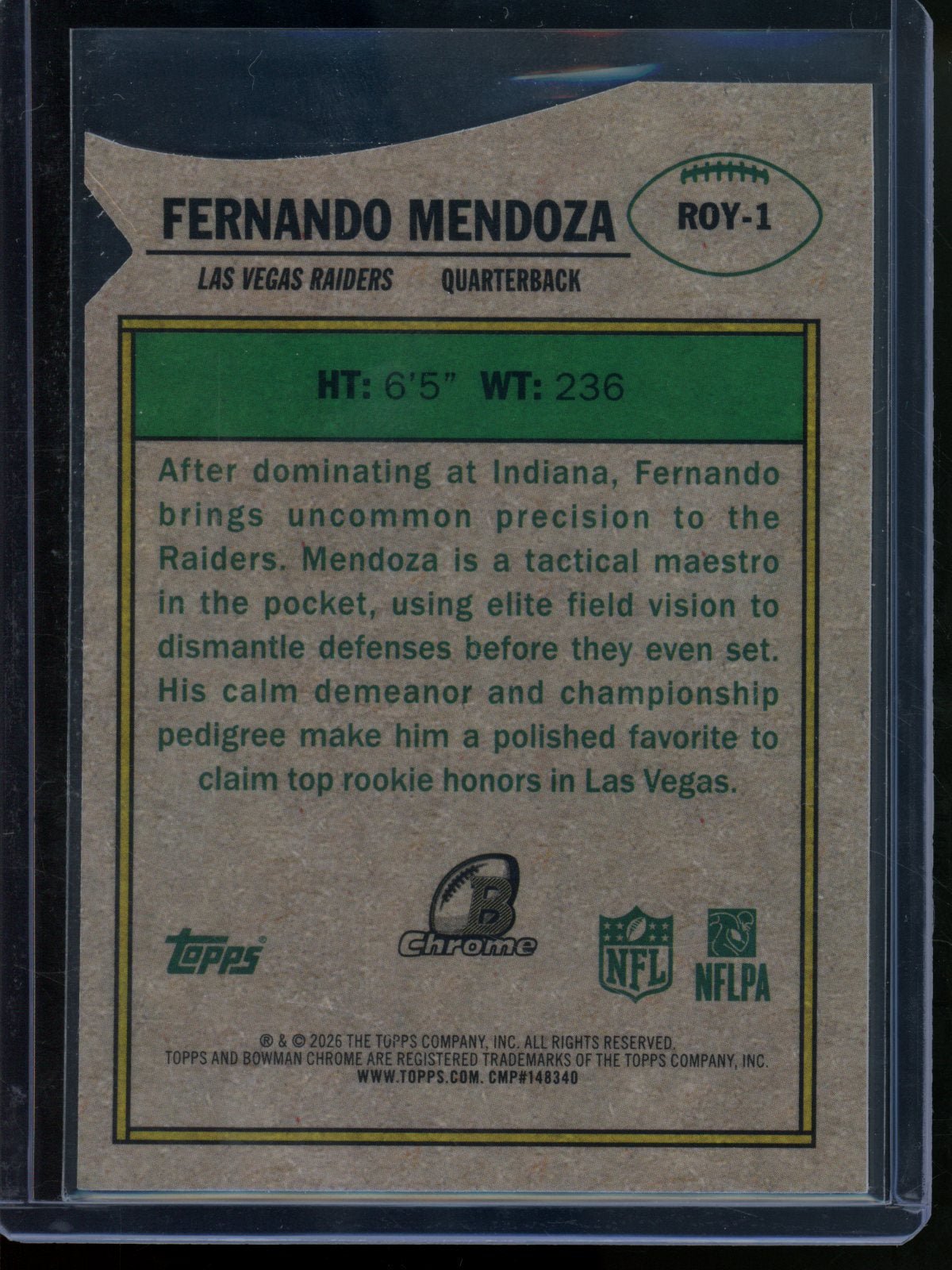 2026 Bowman Chrome Fernando Mendoza Rookie of the Year Favorites Pink Refractor /250 Raiders - Trading Card Market