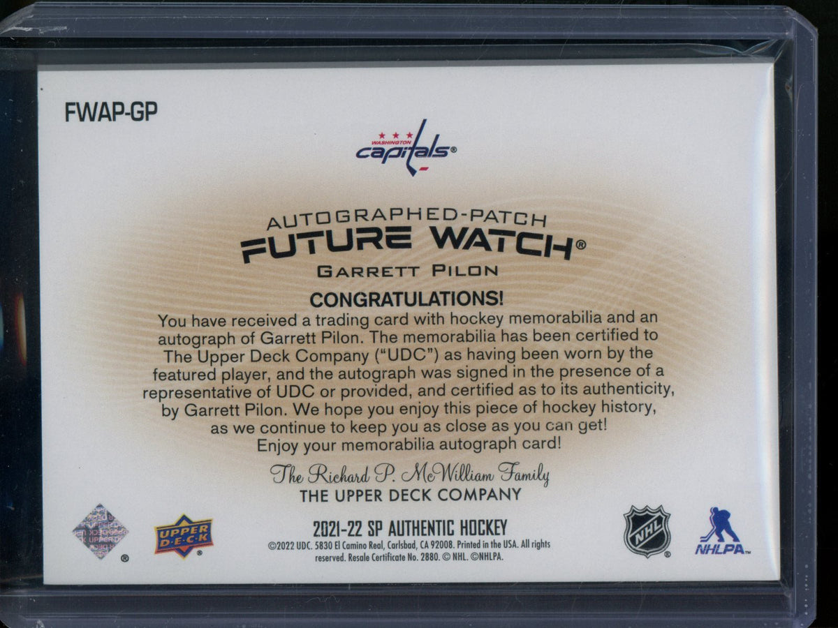 2021/22 Upper Deck SP Authentic Garrett Pilon Future Watch Jersey Relic Autograph /100 Capitals (B) - Trading Card Market