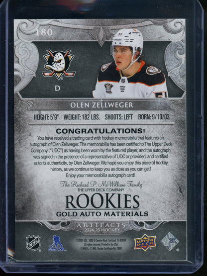 2024/25 Upper Deck Artifacts Olen Zellweger Rookie RC Gold Relic Autograph Ducks - Trading Card Market