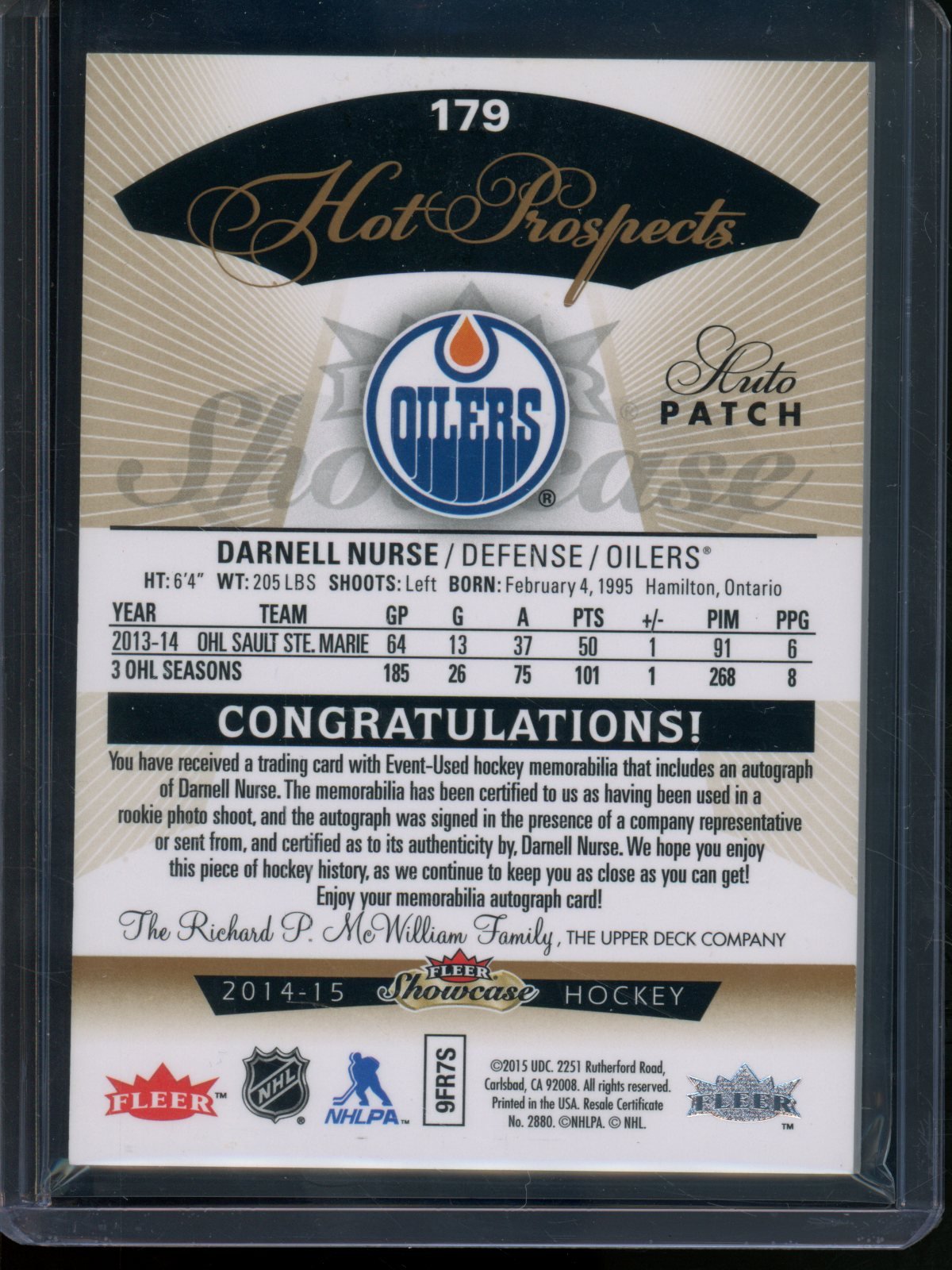 2014/15 Upper Deck Showcase Darnell Nurse Hot Prospects Relic Autograph /375 Oilers - Trading Card Market