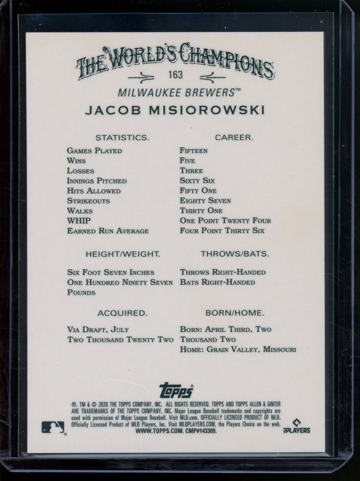 2026 Topps Allen and Ginter Jacob Misiorowski Rookie RC Gold Refractor 32/50 Brewers - Trading Card Market