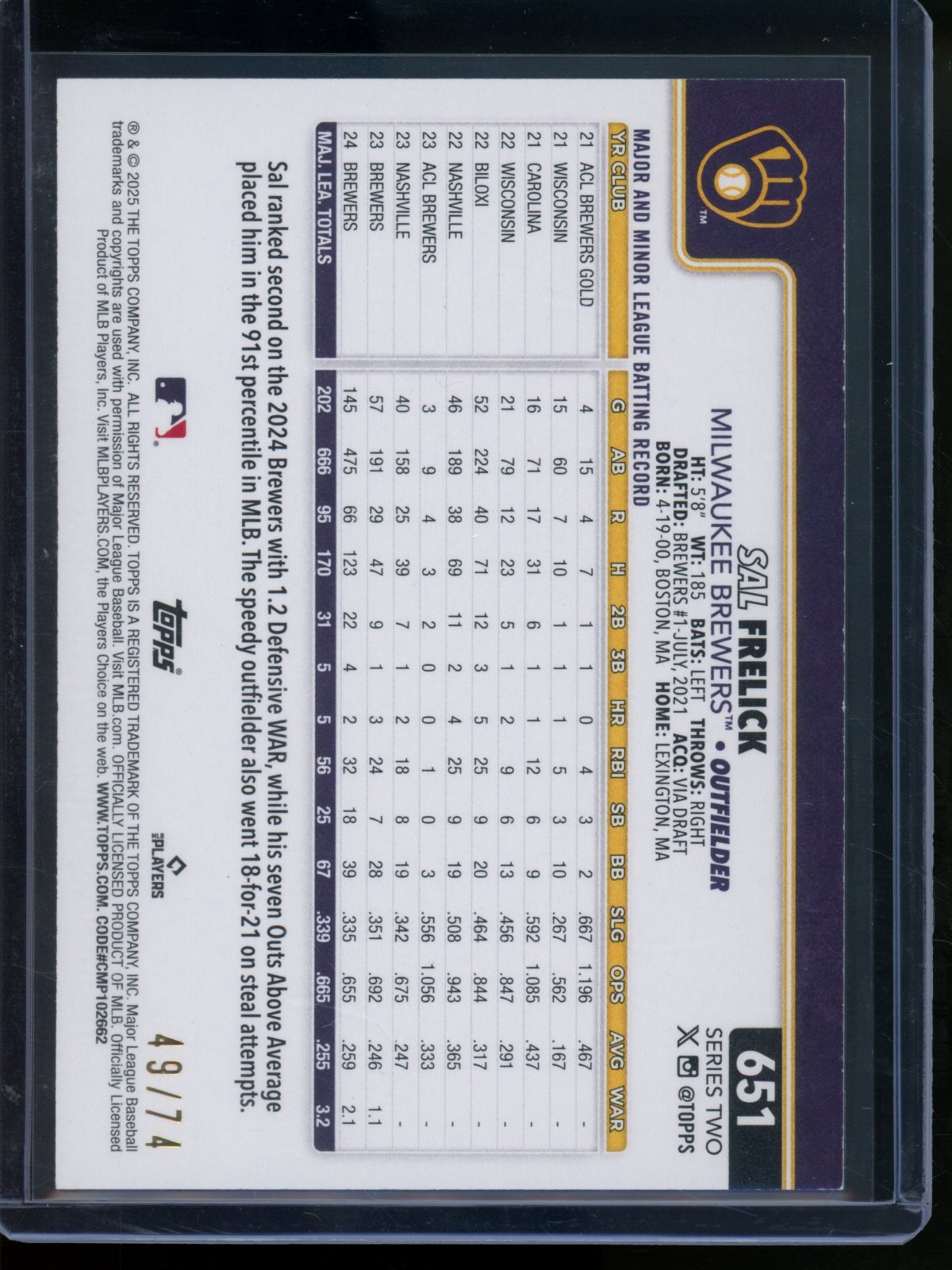 2025 Topps Flagship Sal Frelick Future Stars Black Border /74 Brewers - Trading Card Market