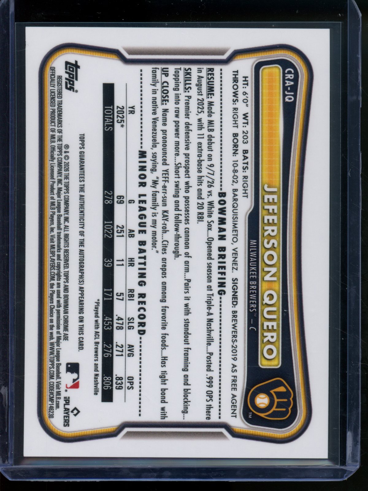2026 Bowman Chrome Jefferson Quero Rookie RC Mojo Refractor Autograph /150 Brewers - Trading Card Market