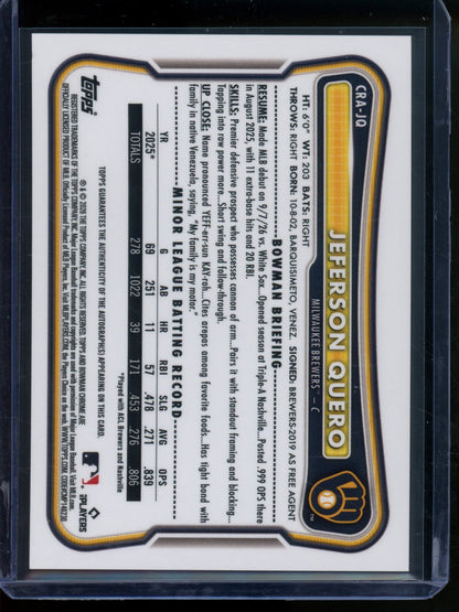 2026 Bowman Chrome Jefferson Quero Rookie RC Mojo Refractor Autograph /150 Brewers - Trading Card Market