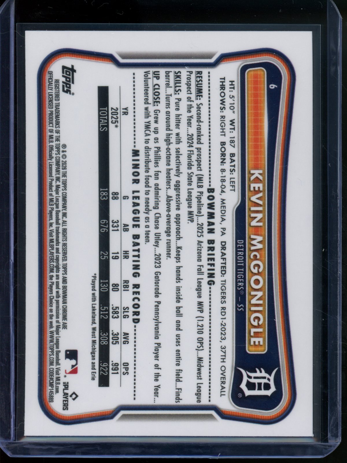 2026 Bowman Chrome Kevin McGonigle Rookie RC Blue Refractor /150 Tigers - Trading Card Market