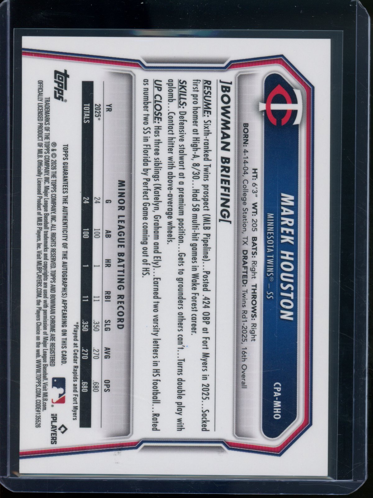 2026 Bowman Chrome Marek Houston 1st Autograph Twins - Trading Card Market