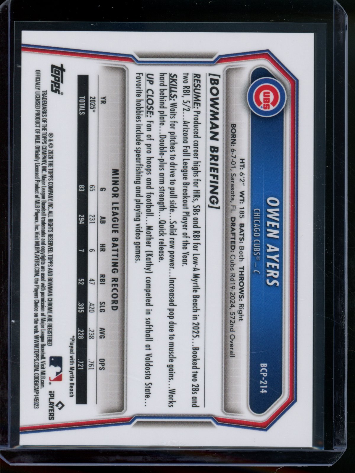 2026 Bowman Chrome Owen Ayers 1st Blue Reptilian Refractor /150 Cubs - Trading Card Market
