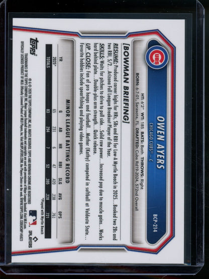2026 Bowman Chrome Owen Ayers 1st Blue Reptilian Refractor /150 Cubs - Trading Card Market