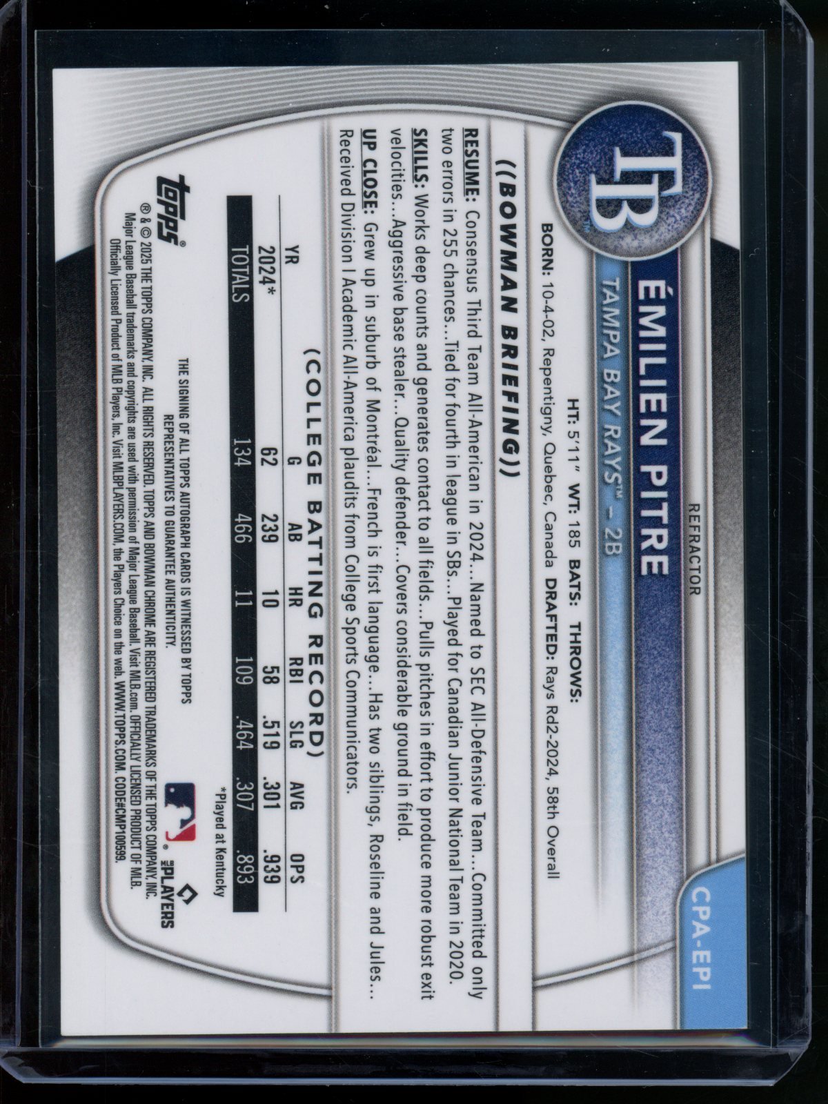 2025 Bowman Chrome Emilien Pitre 1st Refractor Autograph /499 Rays - Trading Card Market