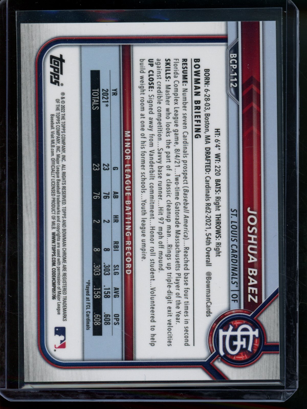 2022 Bowman Chrome Joshua Baez 1st Blue Refractor /150 Cardinals - Trading Card Market