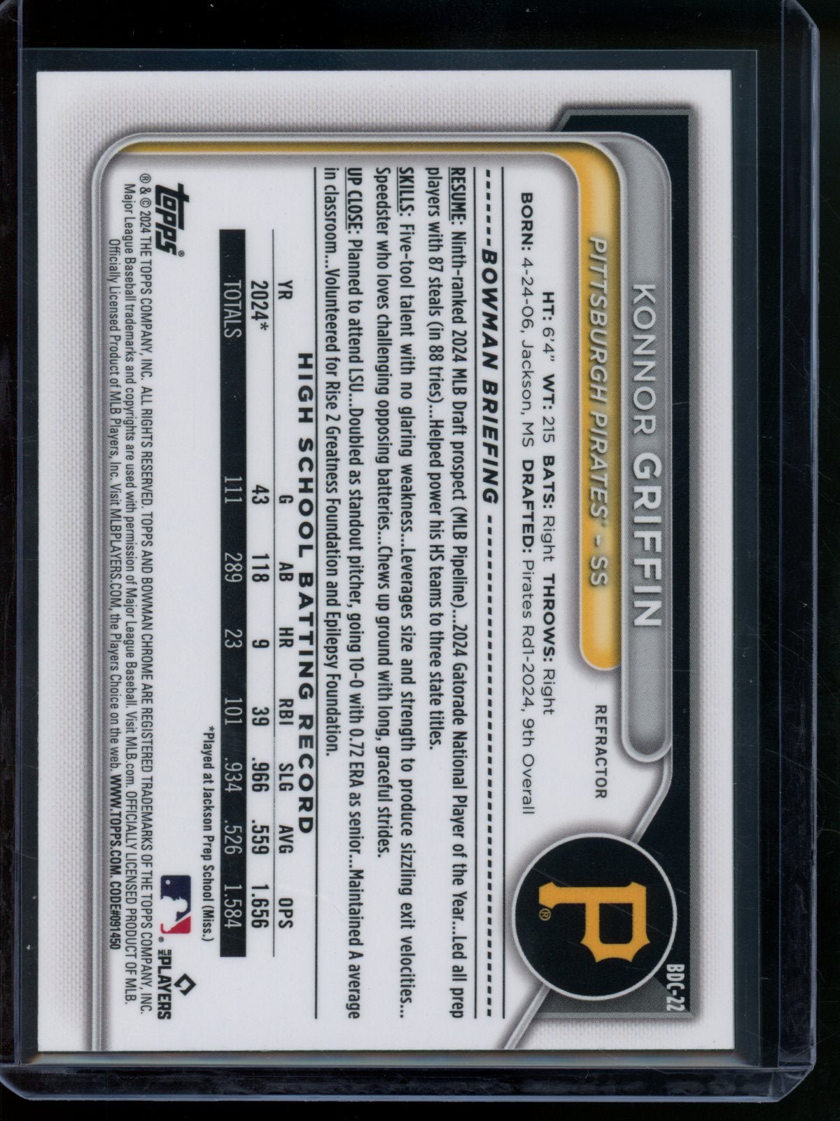 2024 Bowman Chrome Konnor Griffin 1st Refractor Pirates (D) - Trading Card Market