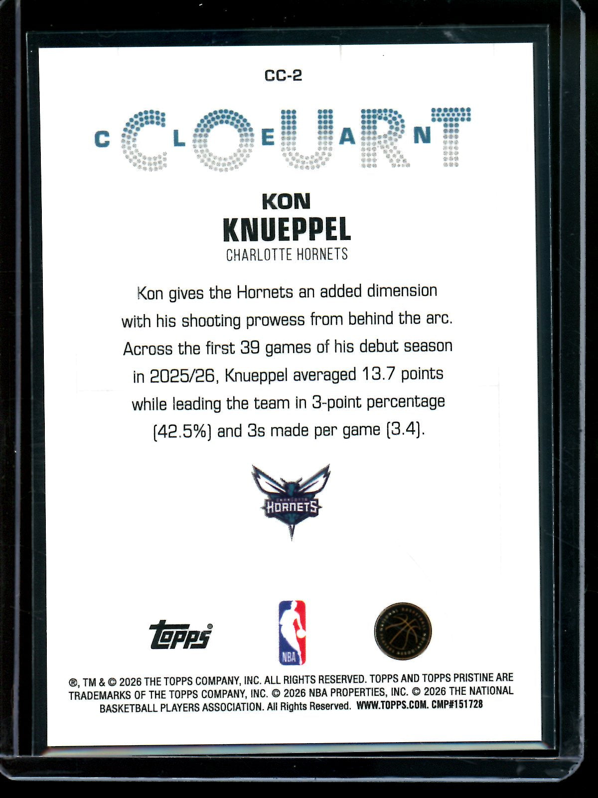 2025/26 Topps Pristine Kon Knueppel Rookie Clean Court Case Hit Hornets