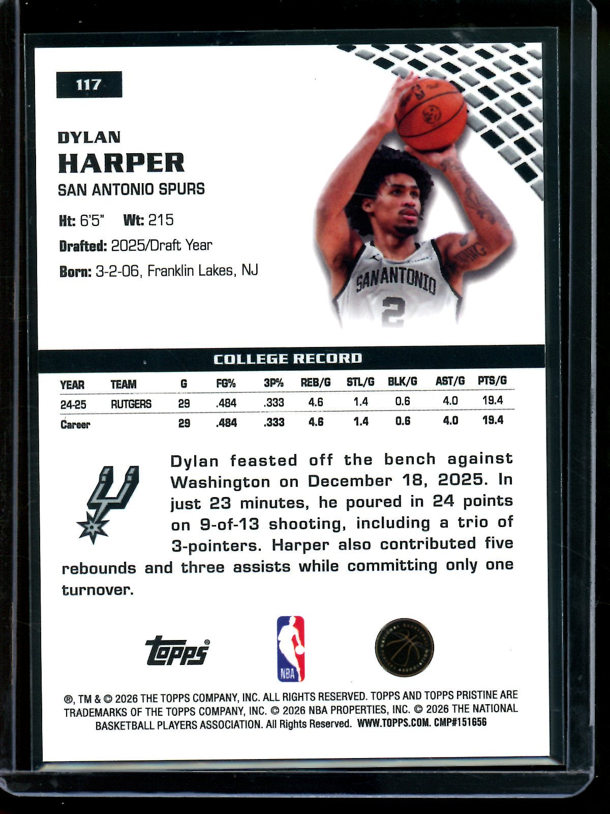 2025/26 Topps Pristine Dylan Harper Blue Rookie Refractor /75 Spurs