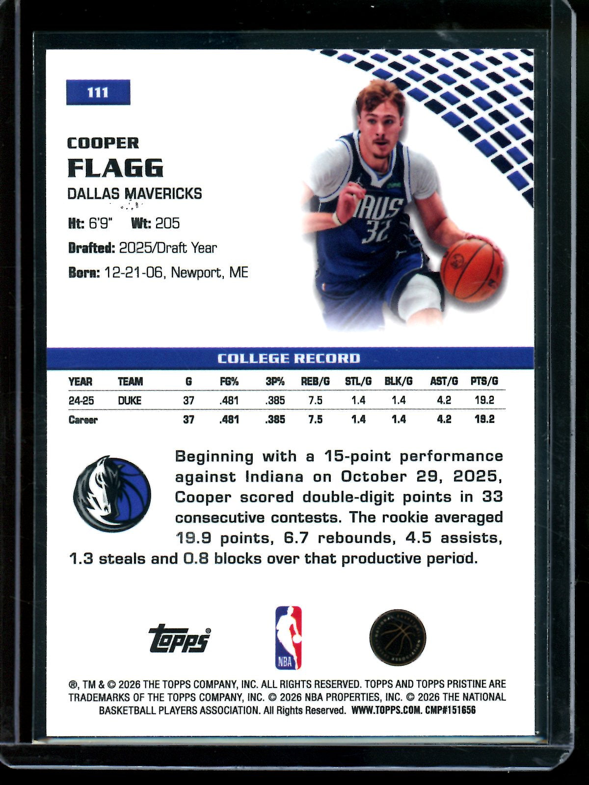2025/26 Topps Pristine Cooper Flagg Rookie Card RC #111 Mavericks