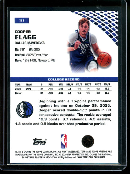2025/26 Topps Pristine Cooper Flagg Rookie Card RC #111 Mavericks