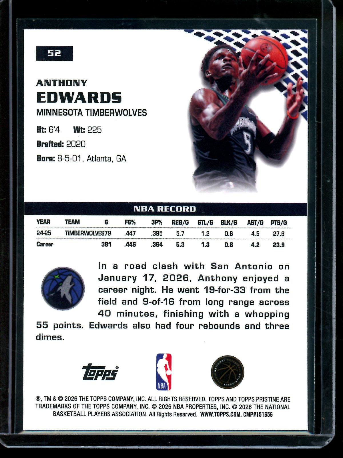 2025/26 Topps Pristine Anthony Edwards Blue Refractor /75 Timberwolves
