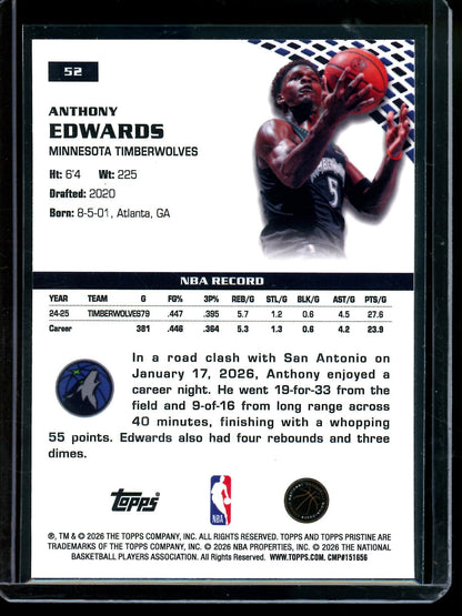 2025/26 Topps Pristine Anthony Edwards Blue Refractor /75 Timberwolves