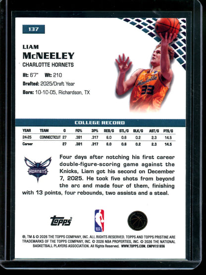 2025/26 Topps Pristine Liam McNeeley Rookie Blue Refractor /75 Hornets