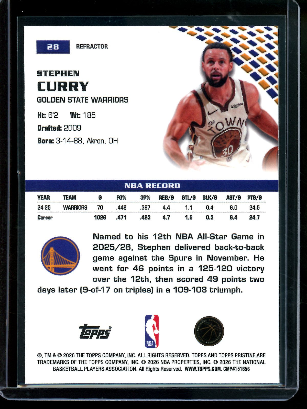 2025/26 Topps Pristine Stephen Curry Refractor #28 Warriors