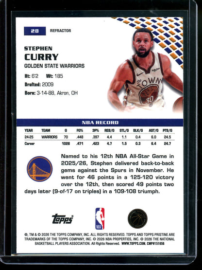2025/26 Topps Pristine Stephen Curry Refractor #28 Warriors