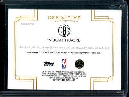 2025/26 Topps Definitive Nolan Traore Rookie Patch Autograph /35 Nets