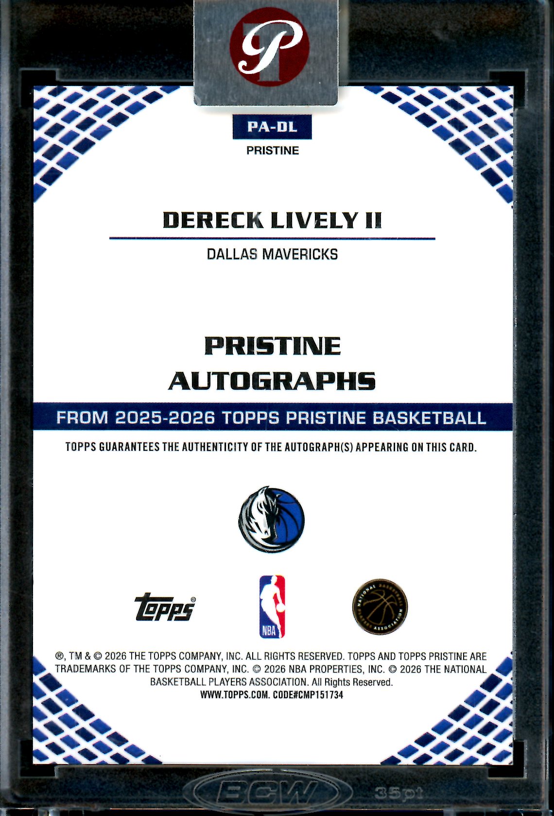 2025/26 Topps Pristine Dereck Lively II Purple Encased Autograph /99 Mavericks