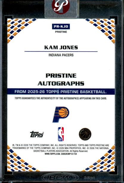 2025/26 Topps Pristine Kam Jones Aqua Rookie Encased Autograph /199 Pacers
