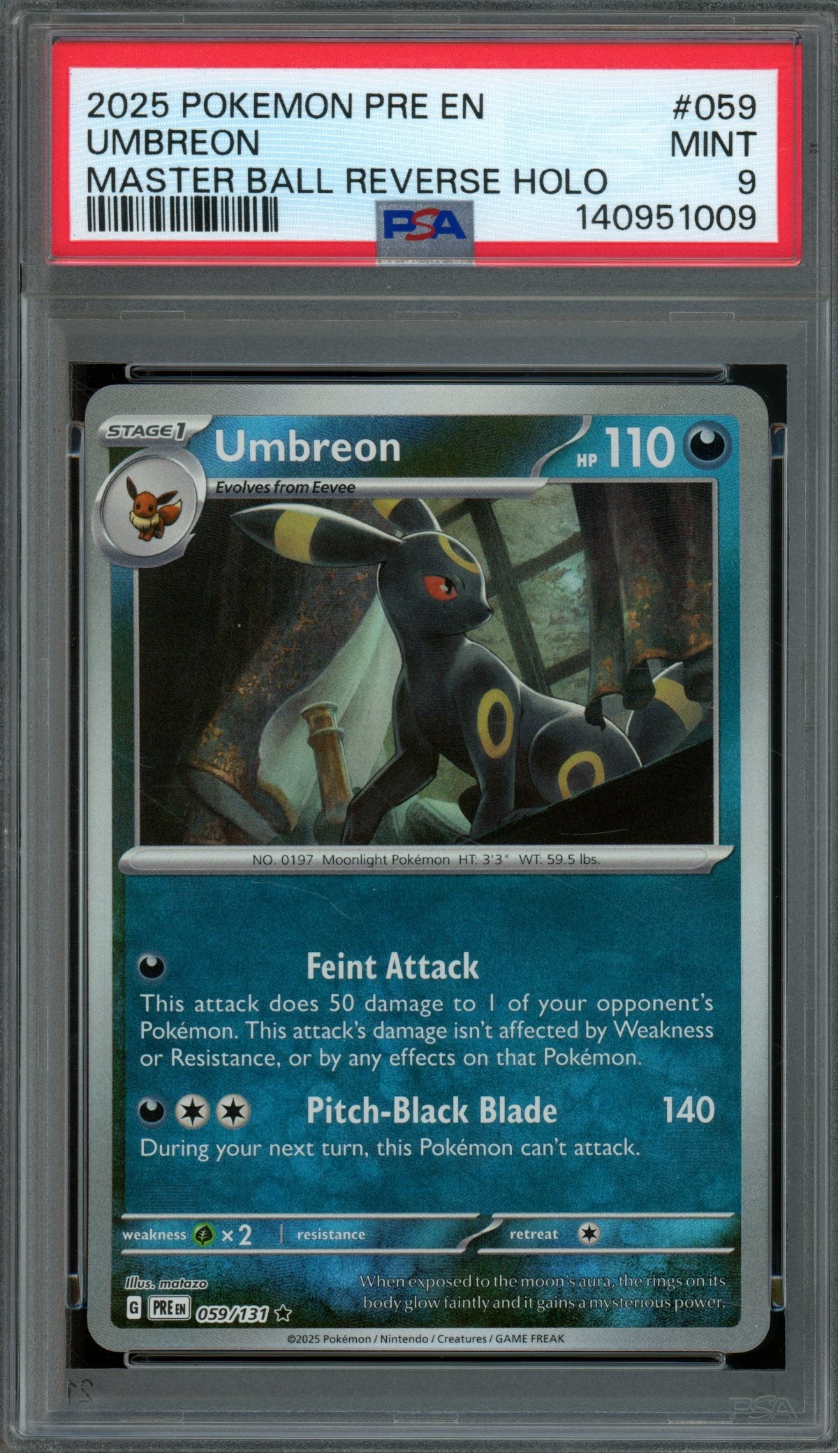 2025 Pokemon Prismatic Evolutions Umbreon Master Ball Holo 059/131 PSA 9