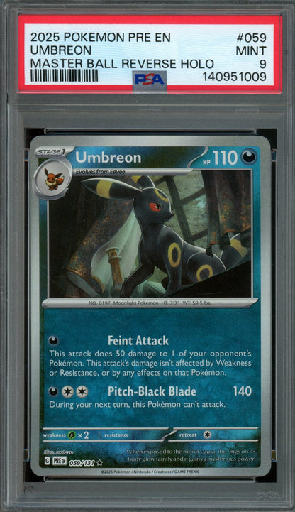 2025 Pokemon Prismatic Evolutions Umbreon Master Ball Holo 059/131 PSA 9