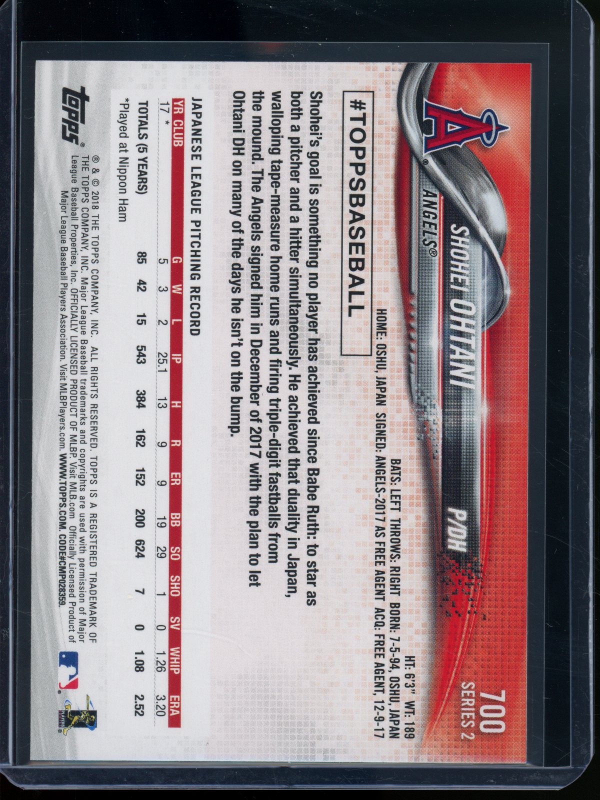 2018 Topps Flagship Shohei Ohtani Rookie RC #700 (B)