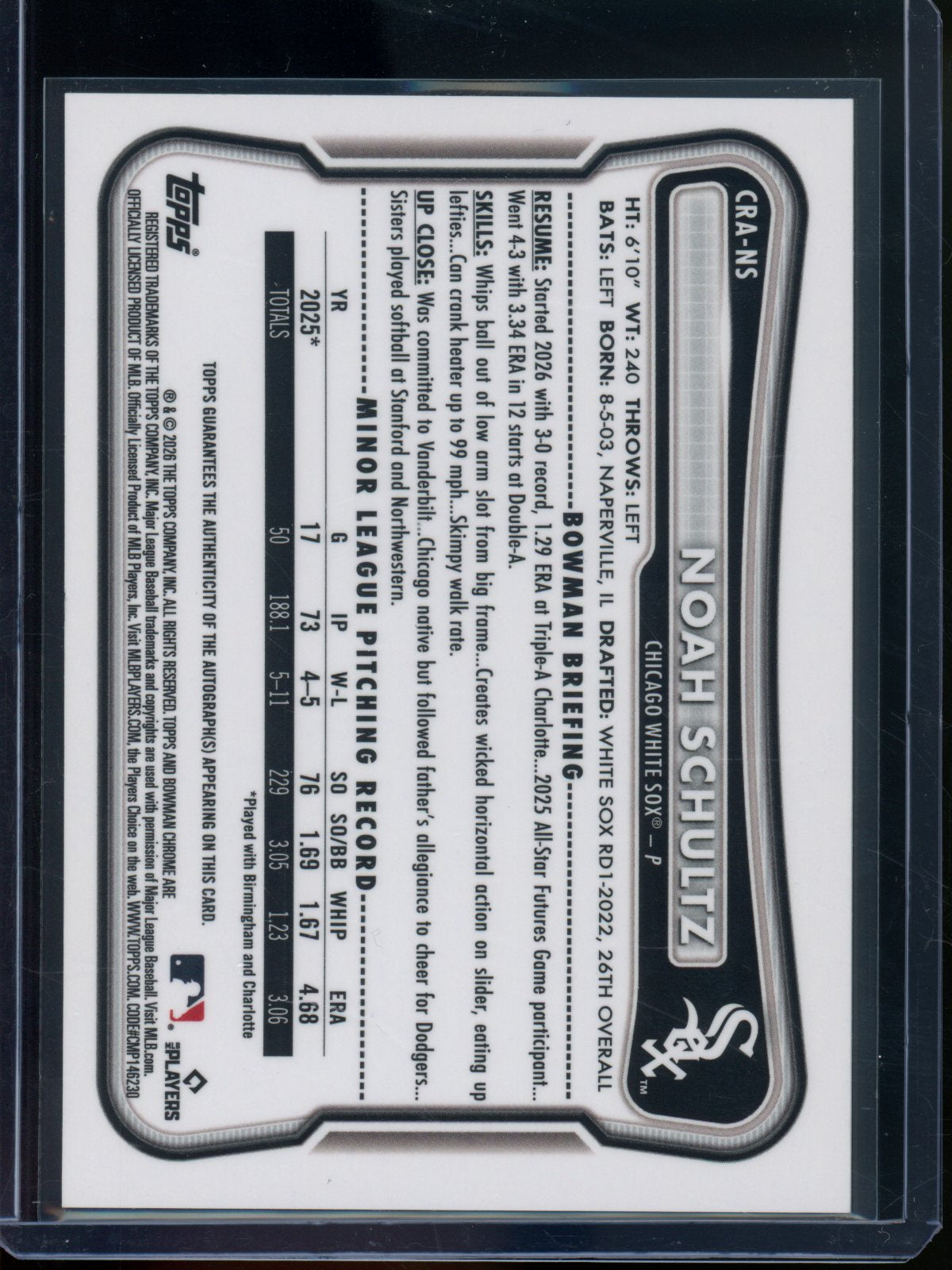 2026 Bowman Chrome Noah Schultz Rookie RC Gold Mojo Autograph /50 White Sox