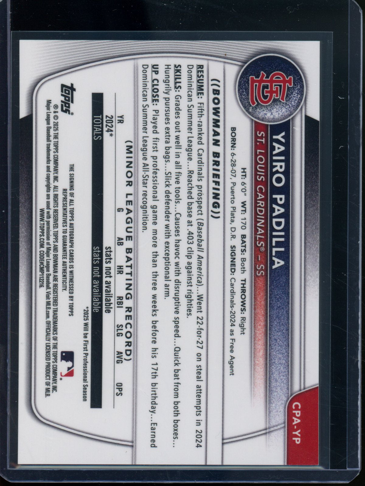 2025 Bowman Chrome Yairo Padilla 1st Autograph Cardinals