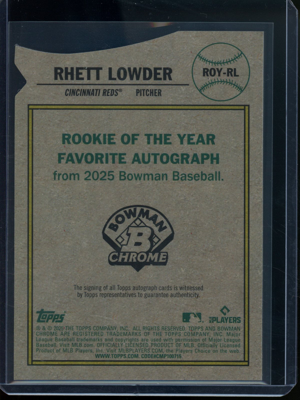 2025 Topps Bowman Chrome Rhett Lowder ROY Favorites RC Autograph Refractor /150 Reds