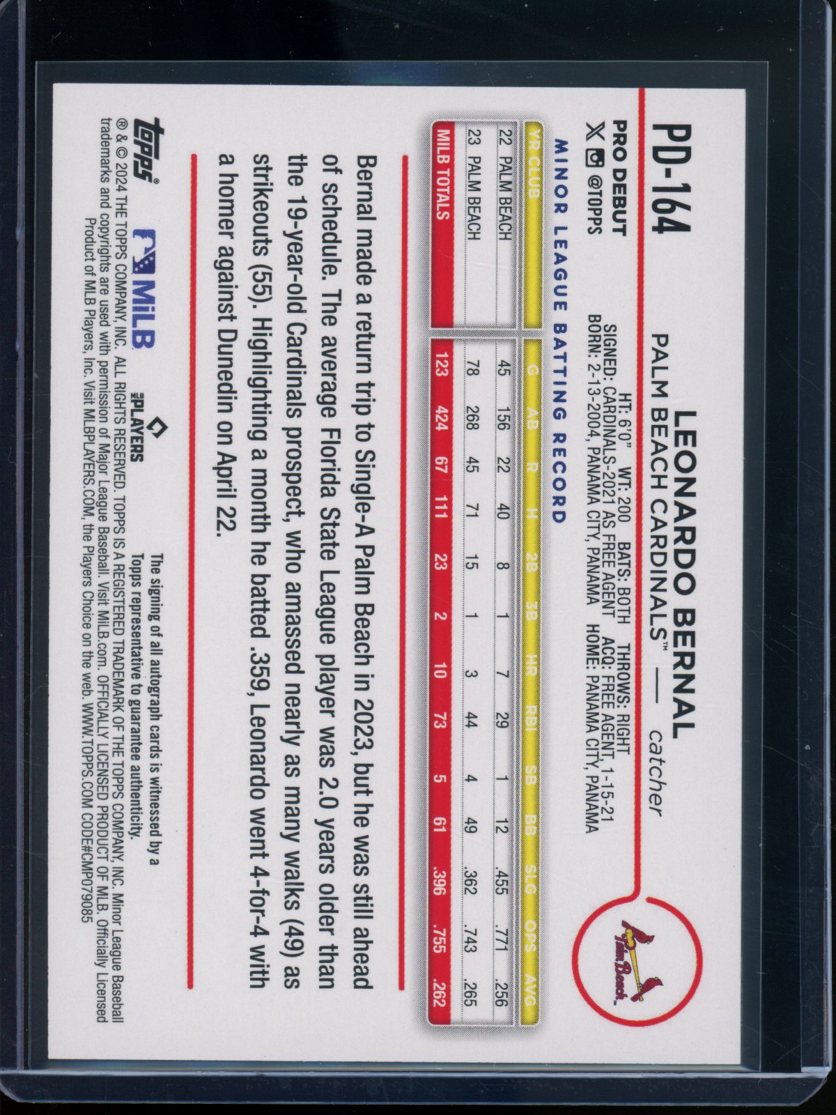 2024 Topps Pro Debut Leonardo Bernal Autograph Palm Beach Cardinals