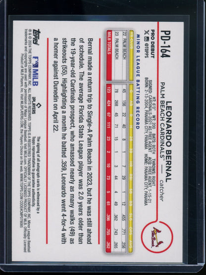 2024 Topps Pro Debut Leonardo Bernal Autograph Palm Beach Cardinals