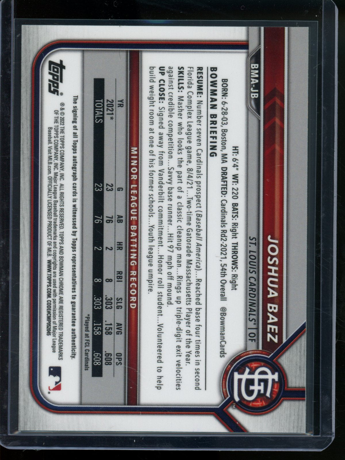 2022 Bowman Chrome Joshua Baez Mojo Autograph Cardinals
