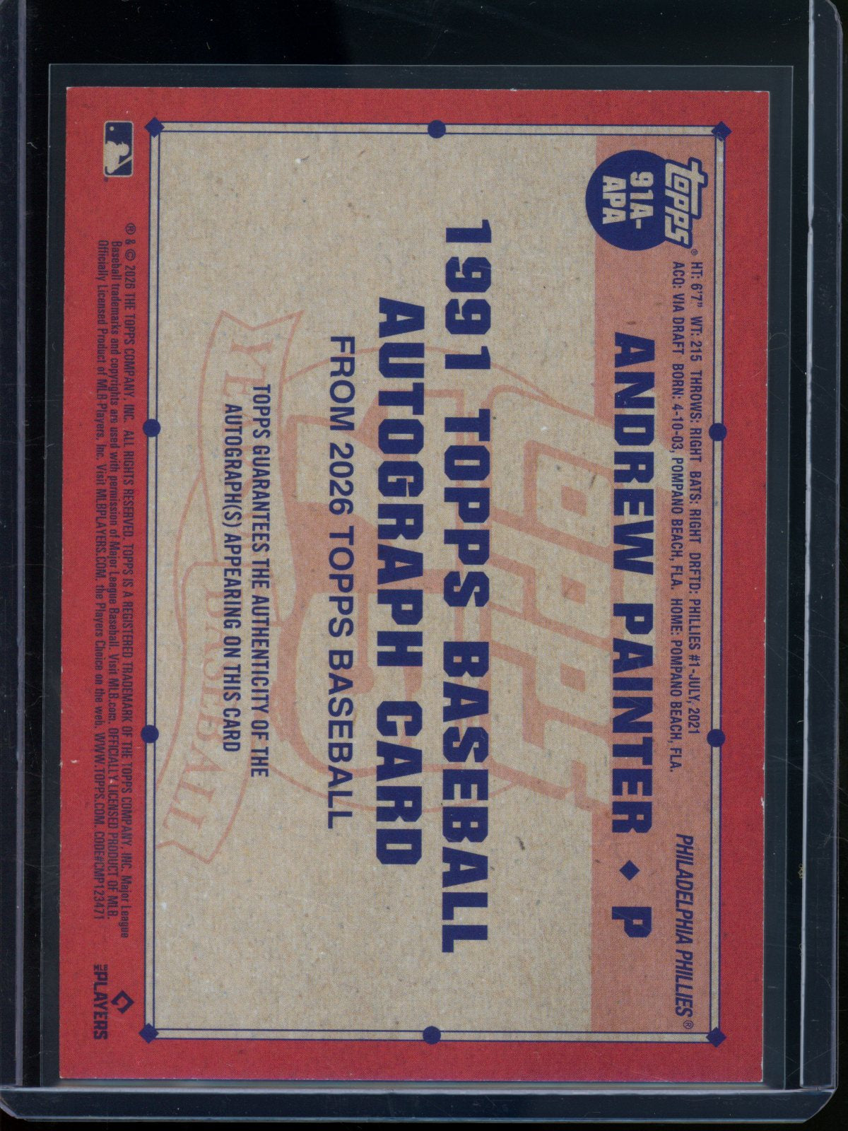 2026 Topps Flagship Andrew Painter Rookie RC 1991 Blue Autograph /150 Phillies