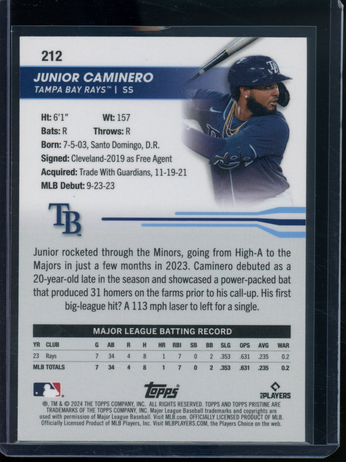 2024 Topps Pristine Junior Caminero Rookie RC Orange Refractor Rays