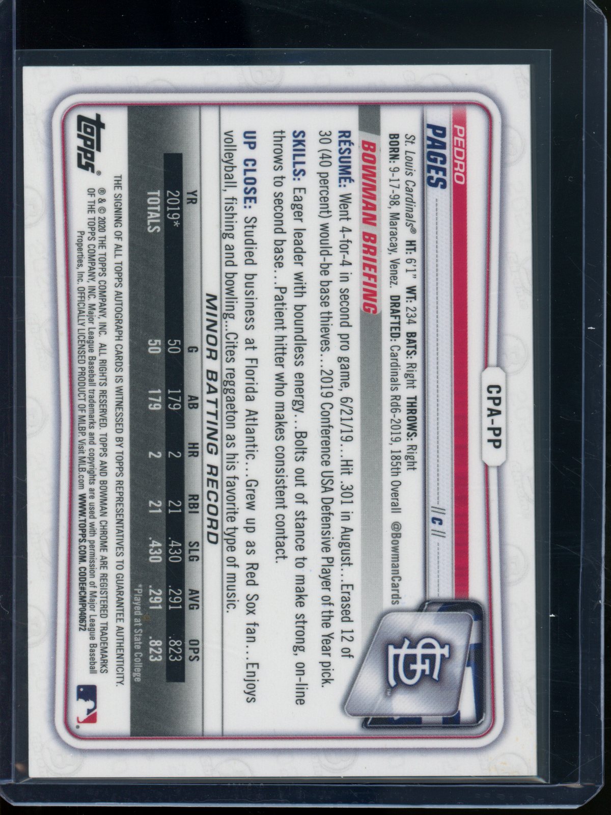 2020 Bowman Chrome Pedro Pages 1st Autograph Cardinals