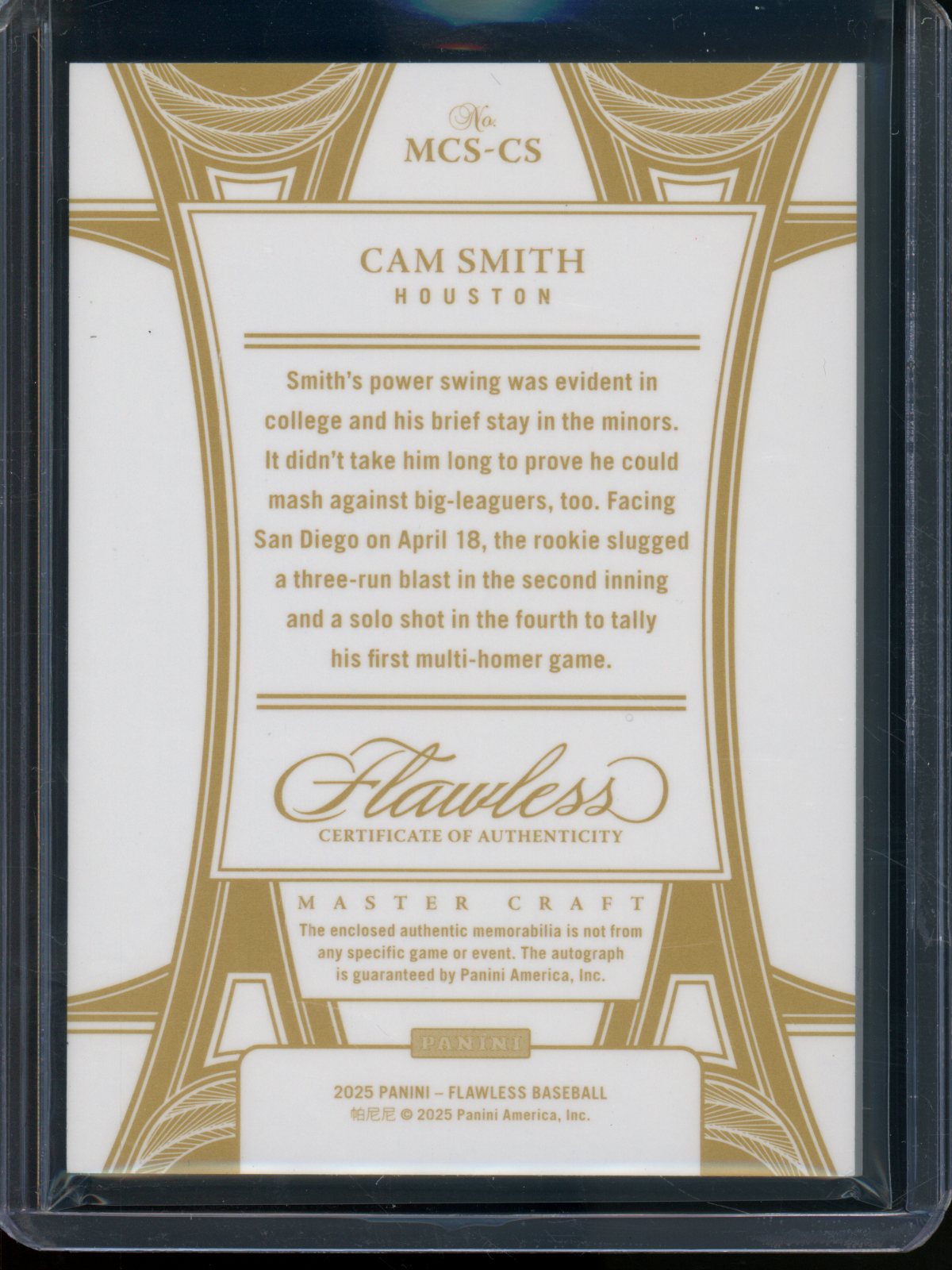 2025 Panini Flawless Cam Smith Triple Jersey Relic Autograph /25 Astros