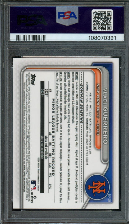 2024 Bowman Chrome Vladi Guerrero 1st Mojo Aqua Refractor /299 PSA 10 Mets