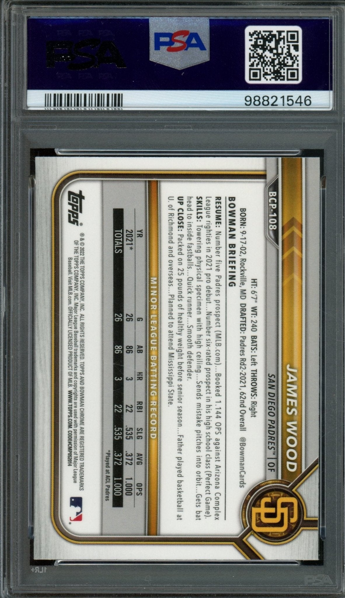 2022 Bowman Chrome James Wood 1st Mojo Refractor PSA 10 Padres - Trading Card Market