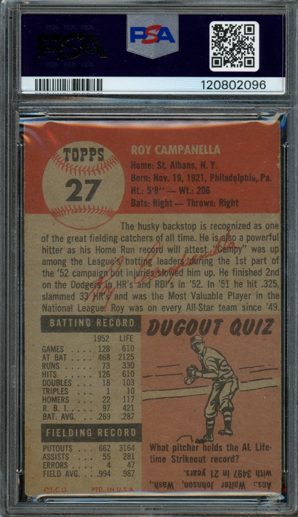1953 Topps Roy Campanella #27 PSA 3 Dodgers