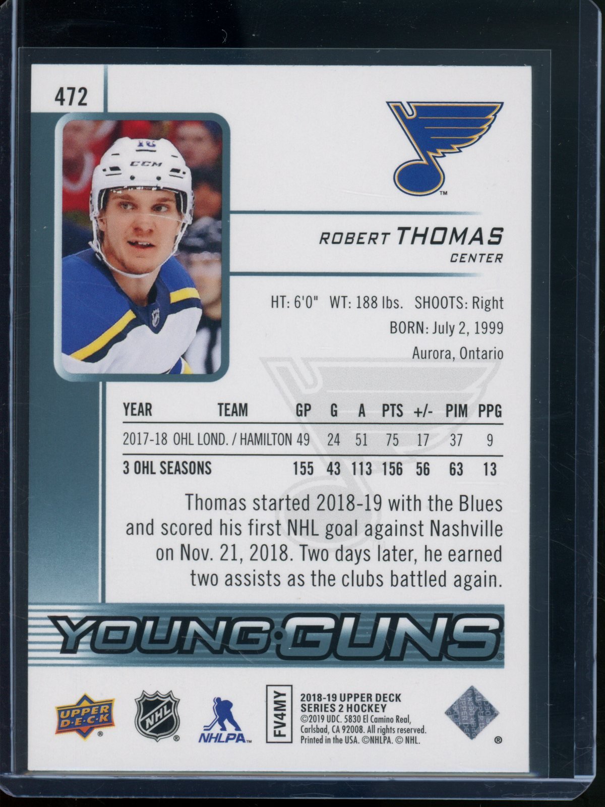2018/19 Upper Deck Series 2 Robert Thomas Rookie RC Young Guns Blues - Trading Card Market