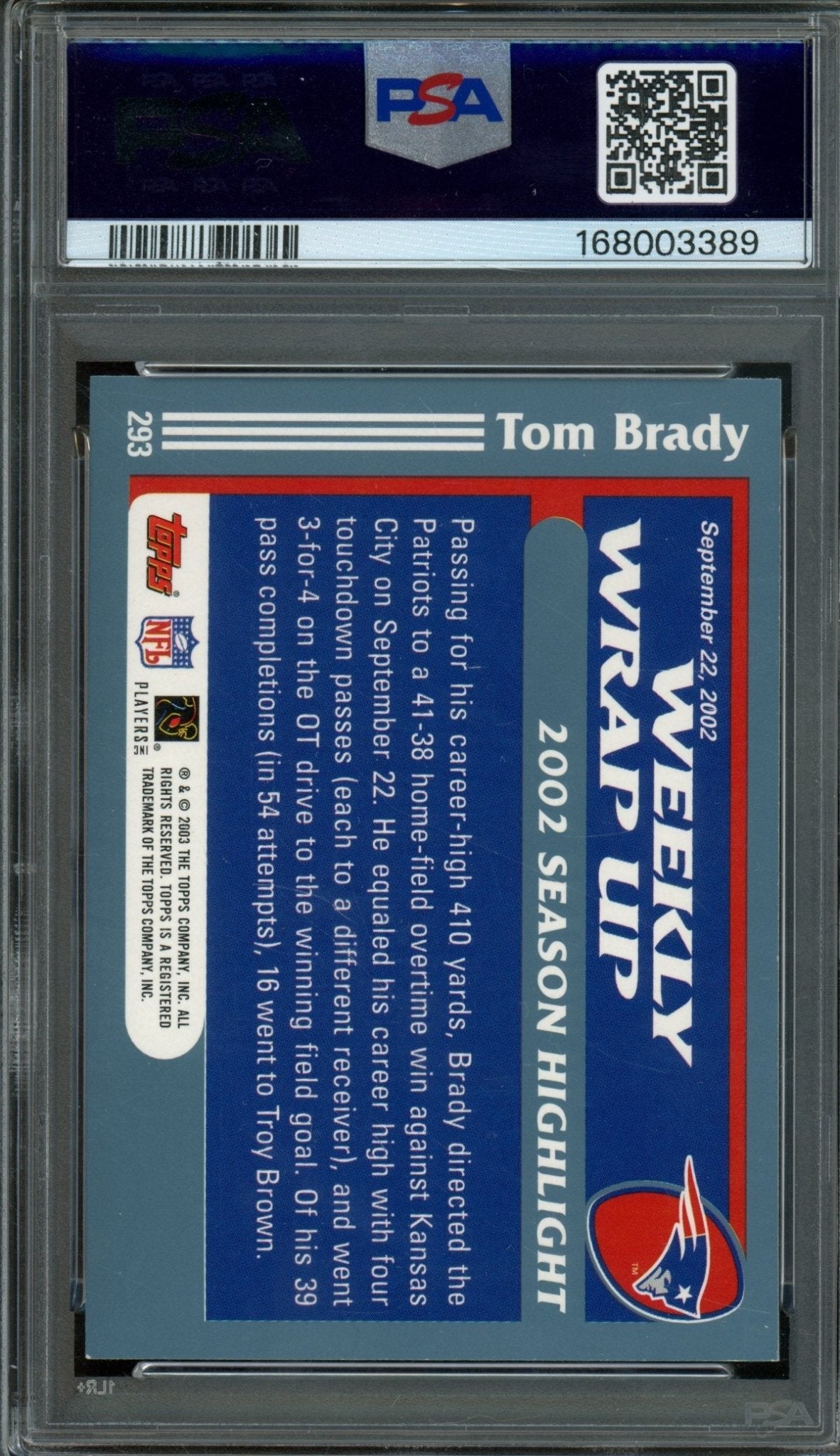 2003 Topps Flagship Tom Brady Weekly Wrap Up #293 PSA 8 Patriots - Trading Card Market