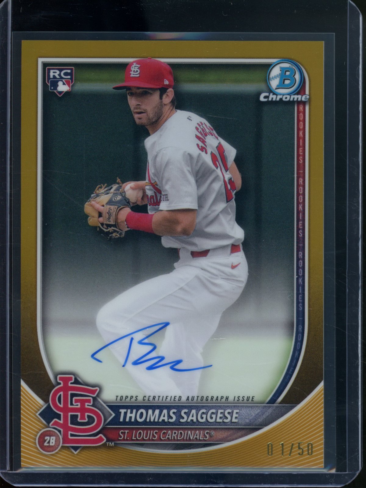 2025 Bowman Chrome Thomas Saggese Rookie RC Gold Refractor Autograph /50 Cardinals - Trading Card Market
