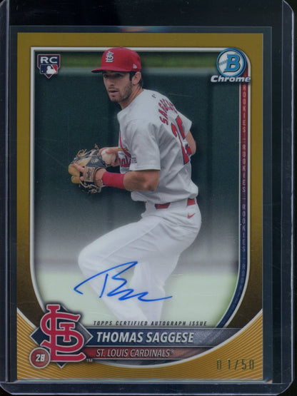 2025 Bowman Chrome Thomas Saggese Rookie RC Gold Refractor Autograph /50 Cardinals - Trading Card Market