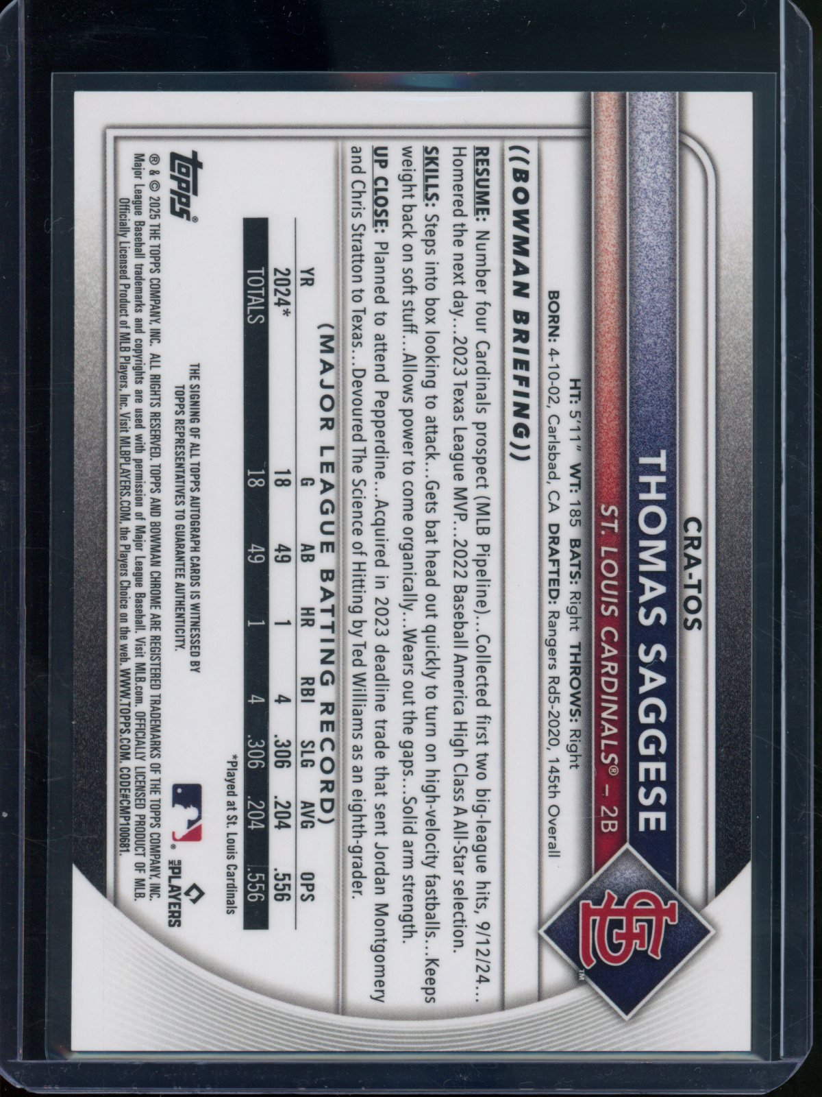 2025 Bowman Chrome Thomas Saggese Rookie RC Gold Refractor Autograph /50 Cardinals - Trading Card Market